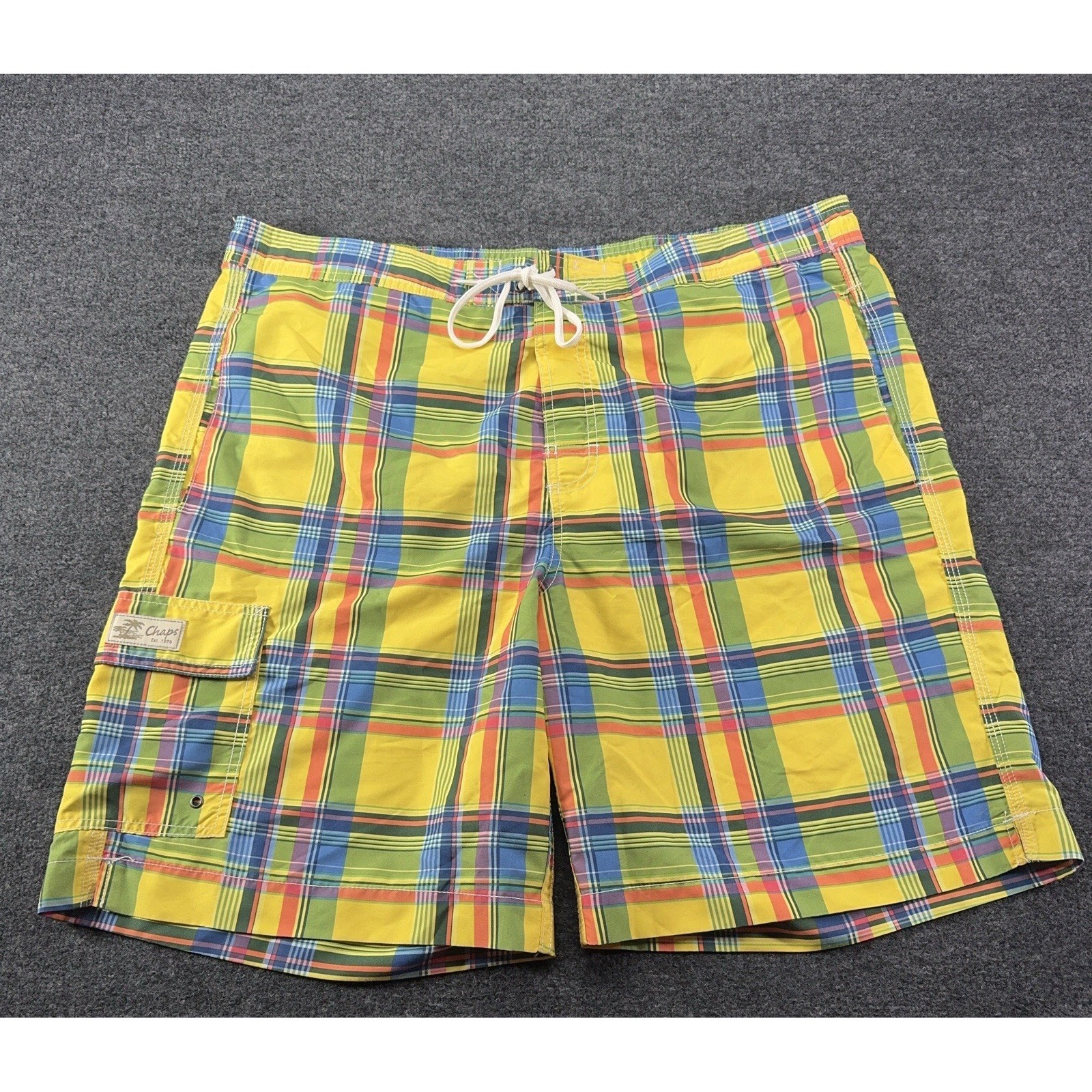 Chaps Men's Swim Trunks Xl Yellow Green Plaid Cargo Pocket Board Shorts Euc